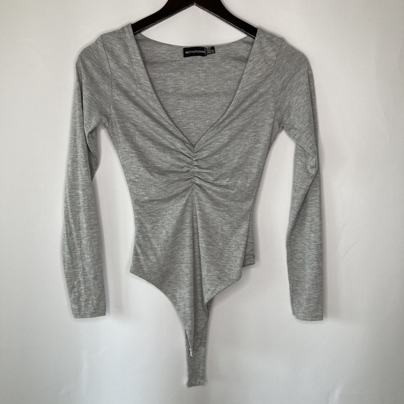 PrettyLittleThing Shape Grey Jersey Ruched Long Sleeve Bodysuite Size Medium - Picture 1 of 8